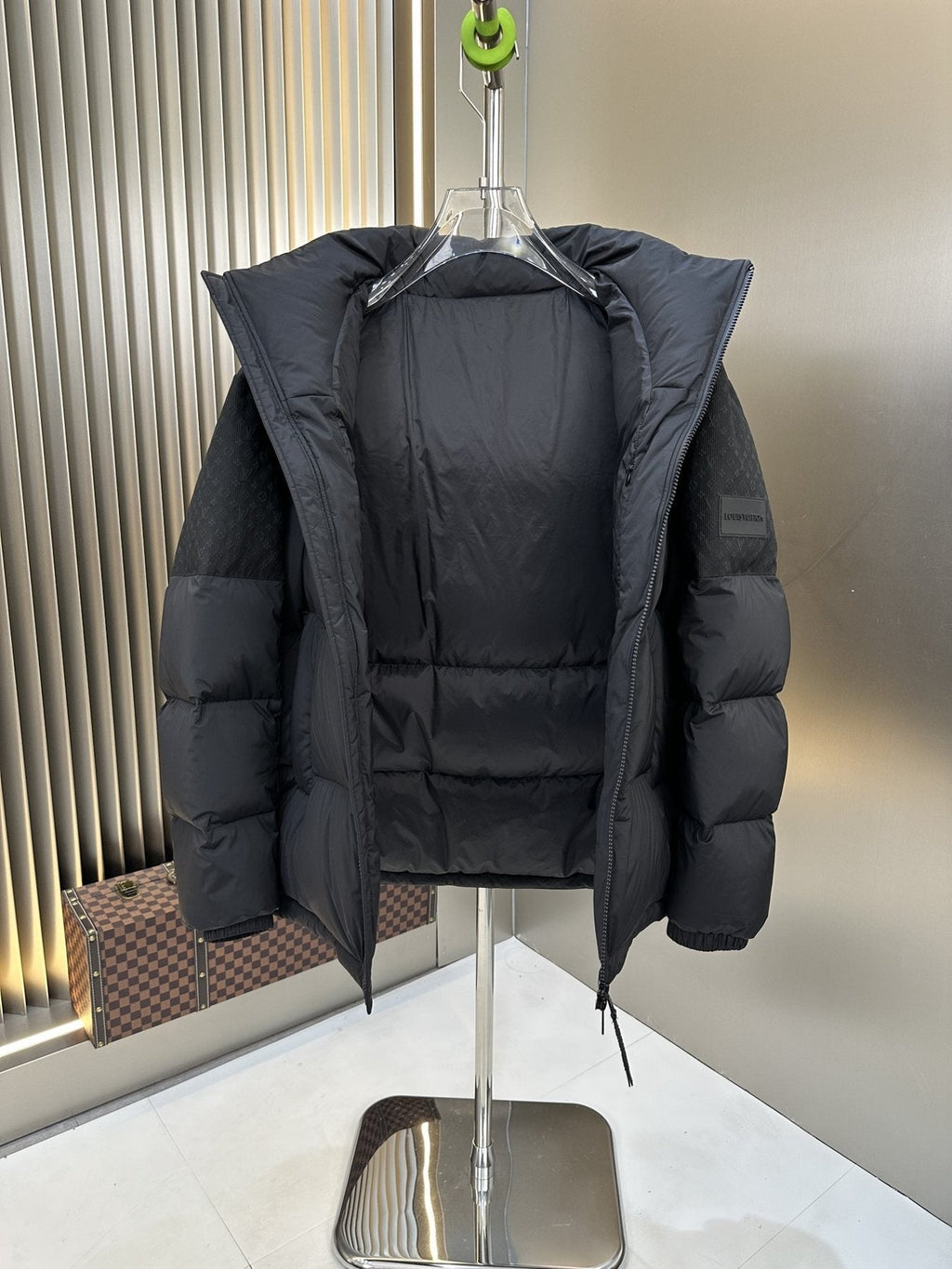 LV Dark Grey Hooded Quilted Puffer Coat — front