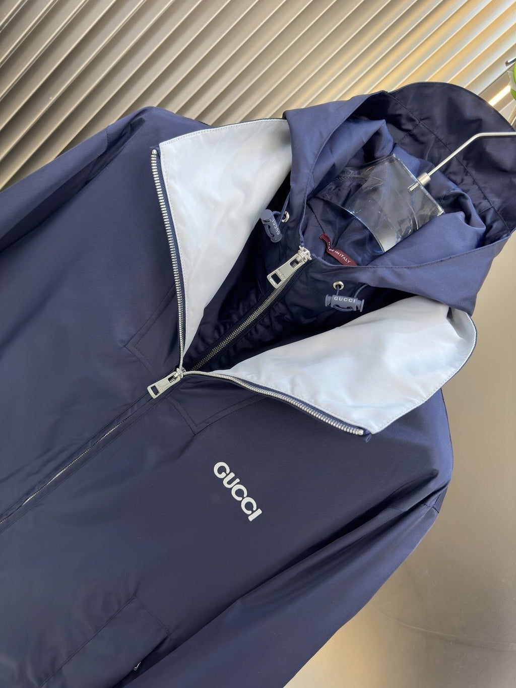 Gucci Navy Hooded Zip-Front Jacket — detail
