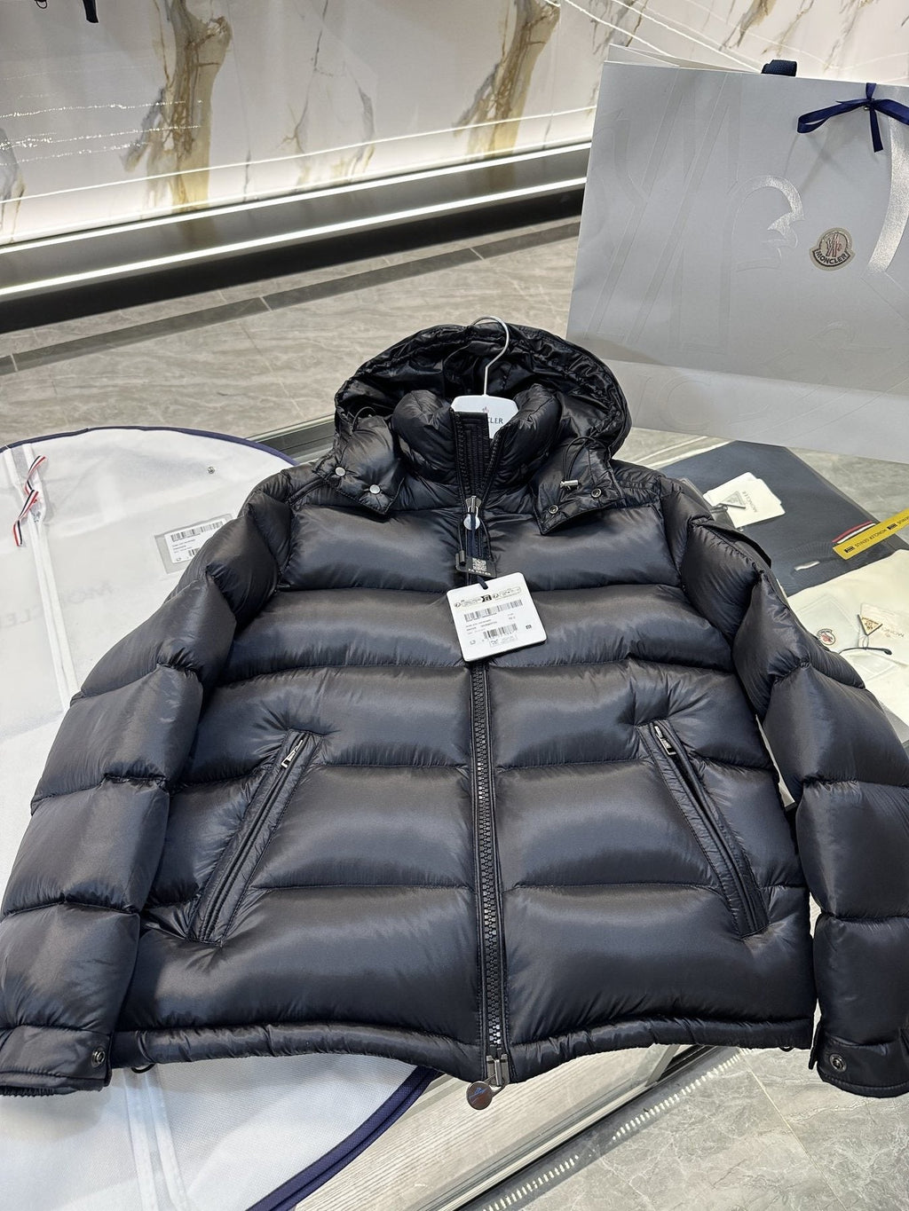 Moncler Black Glossy Hooded Puffer Coat — hang_tag