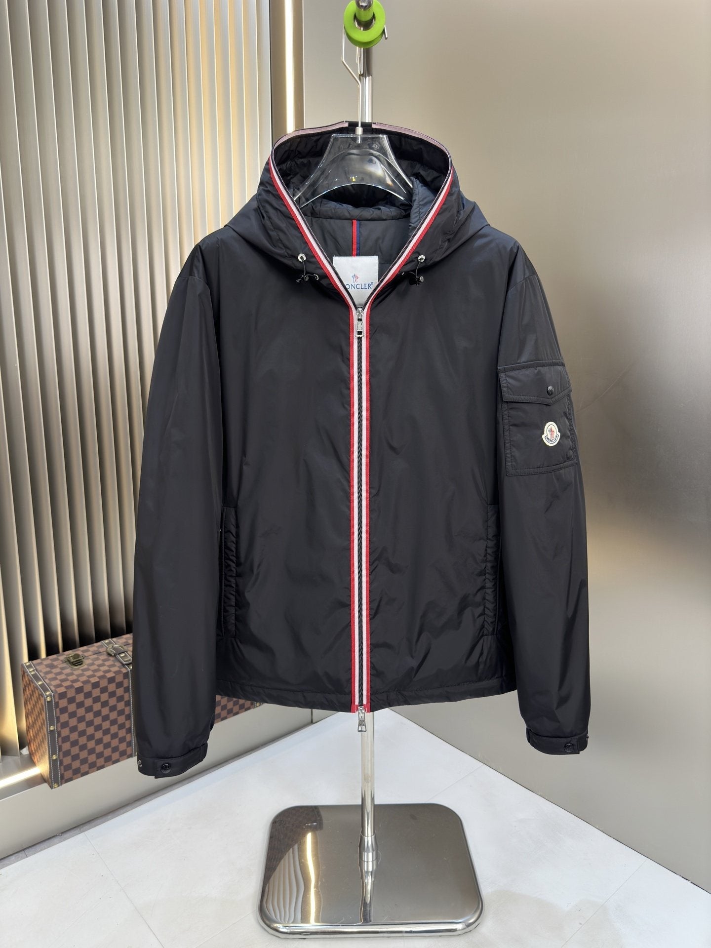 Moncler Black Hooded Contrast Zip Coat — hero
