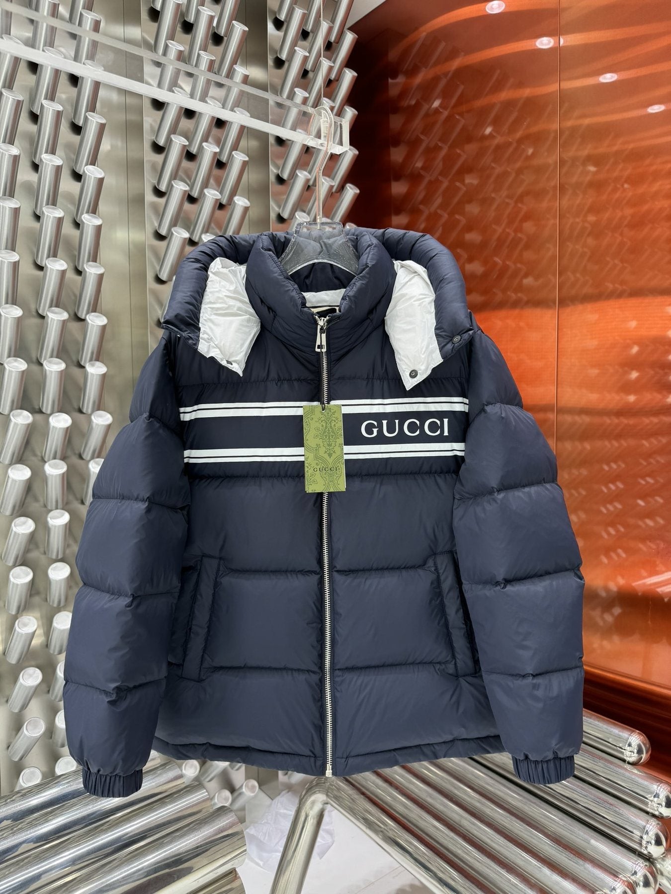 Gucci Hooded Striped Panel Puffer Jacket — front