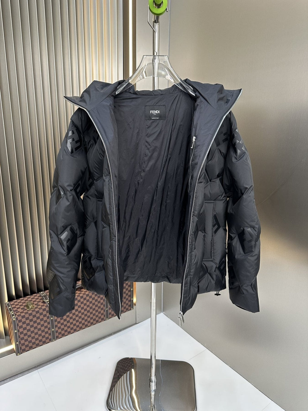 Fendi Black Hooded Tonal Geometric Puffer Jacket — detail