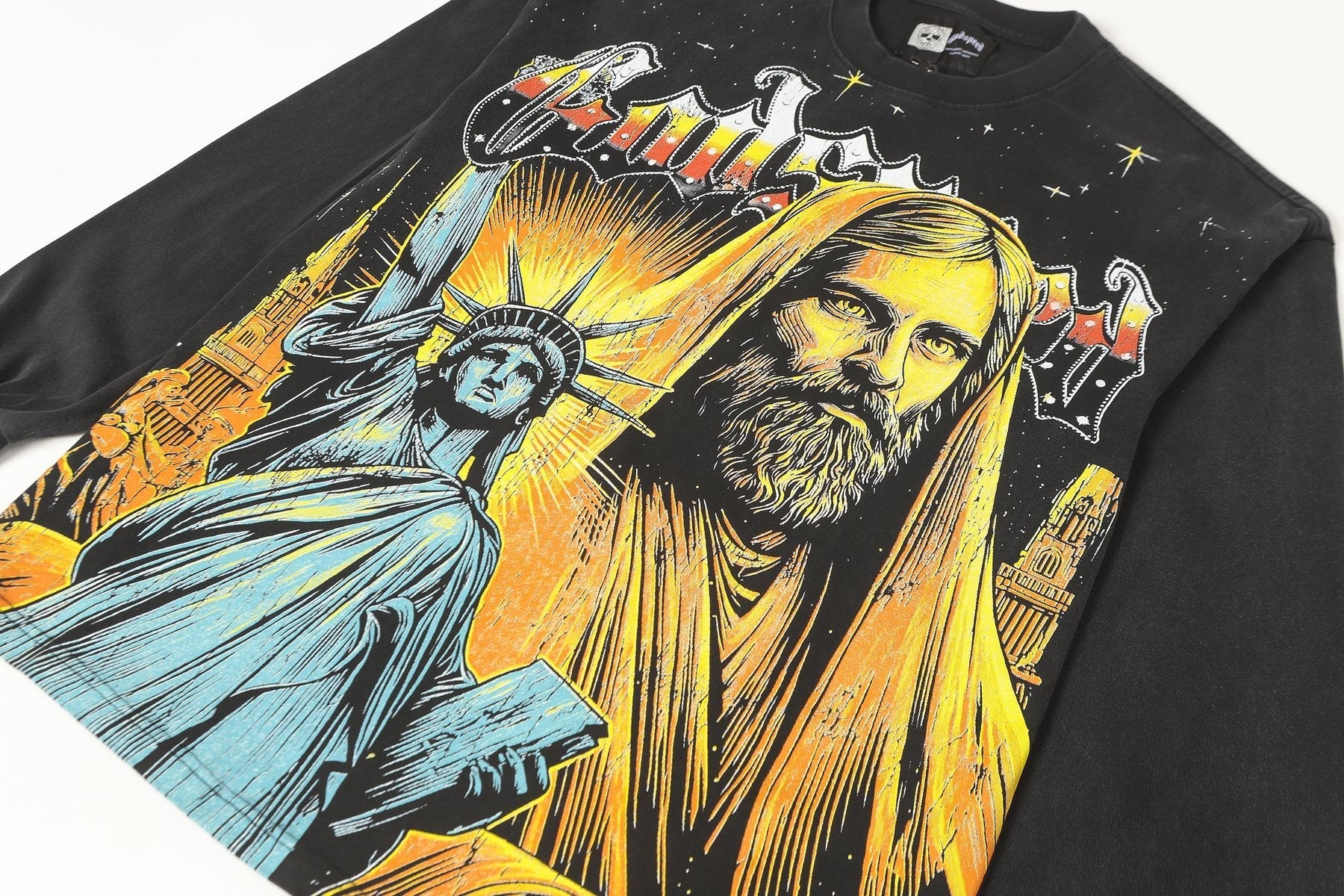 Godspeed Out of Many One Washed Black Long-Sleeve Graphic T-Shirt — detail