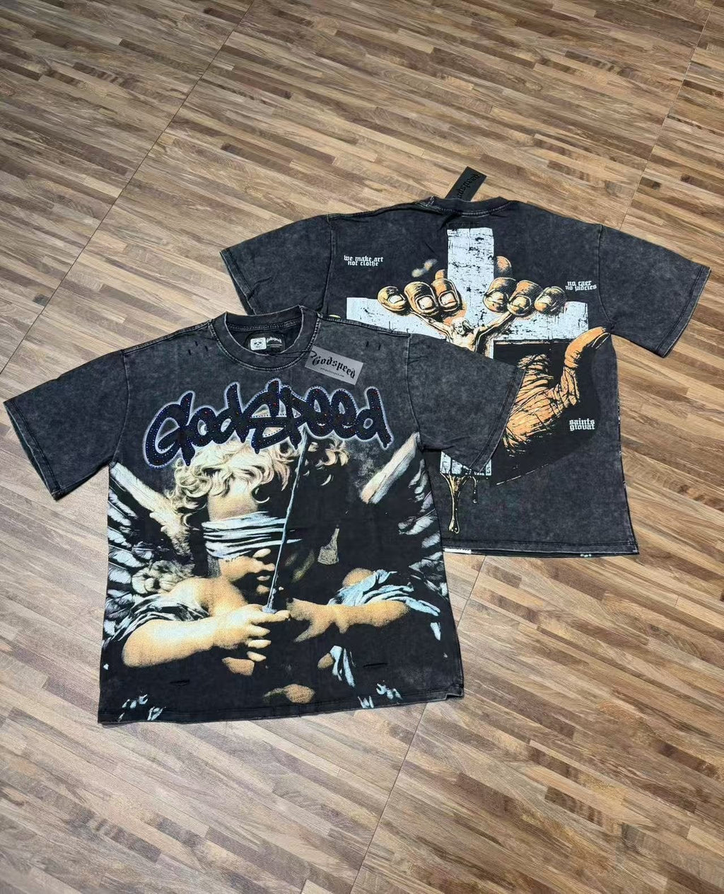 Godspeed Distressed Rhinestone Graphic T-Shirt — context