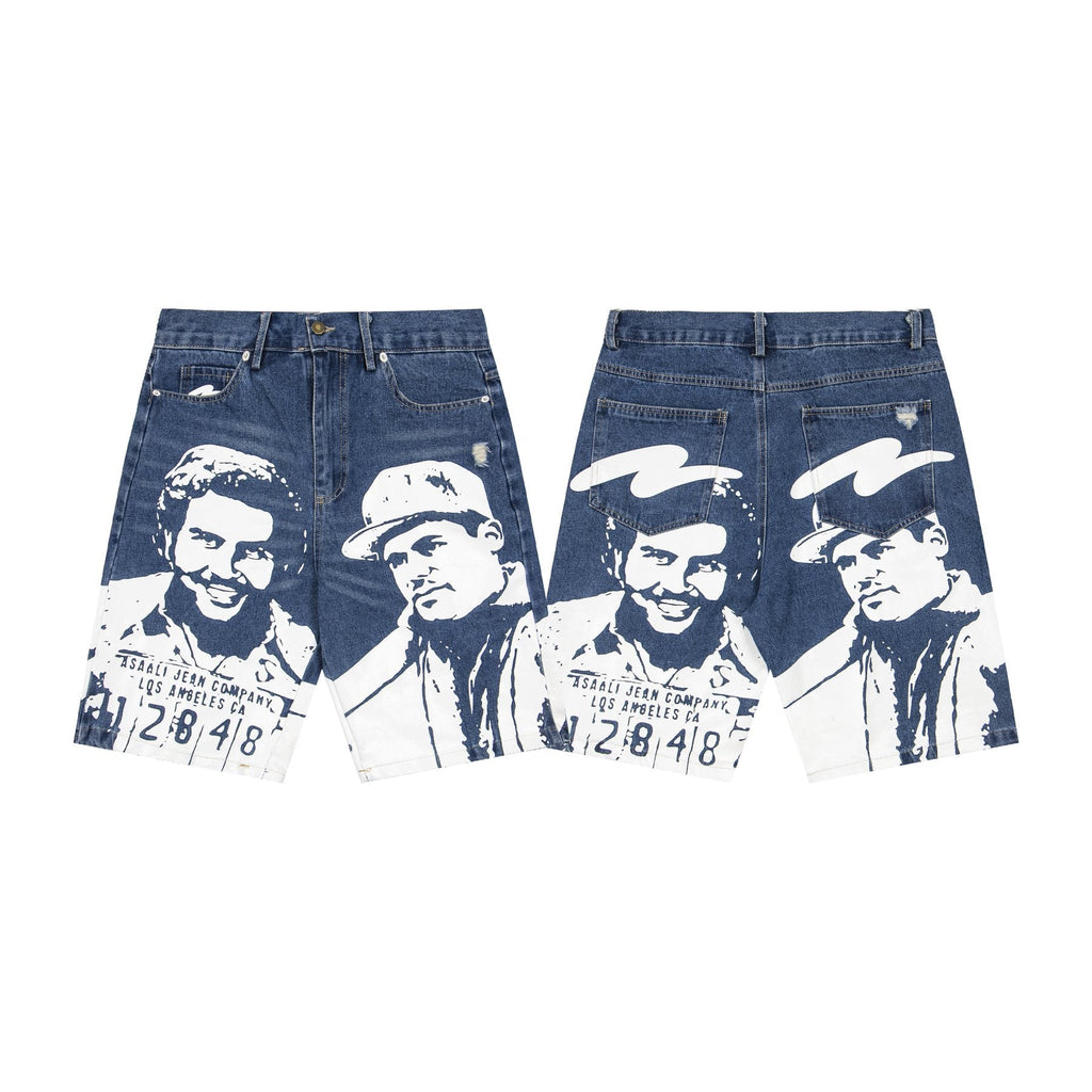 ASAALL Portrait Graphic Washed Denim Shorts — front