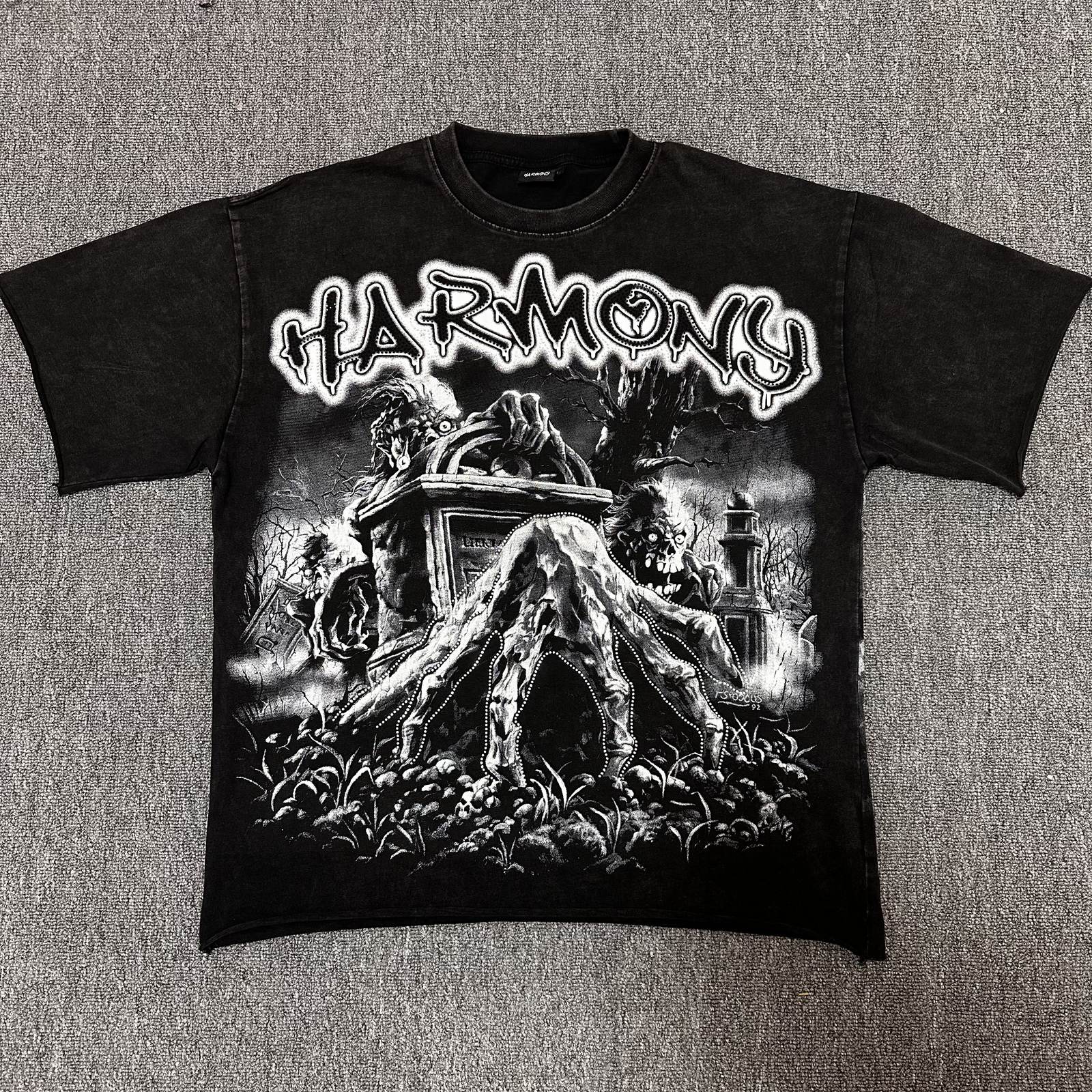 HARMONY Washed Black Rhinestone Graphic T-Shirt — front