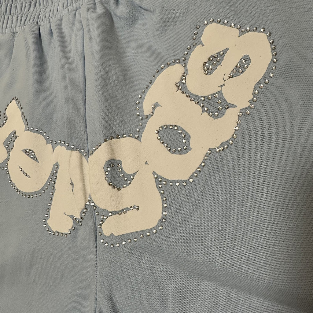 Sp5der Light Blue Rhinestone Logo Sweat Shorts — detail