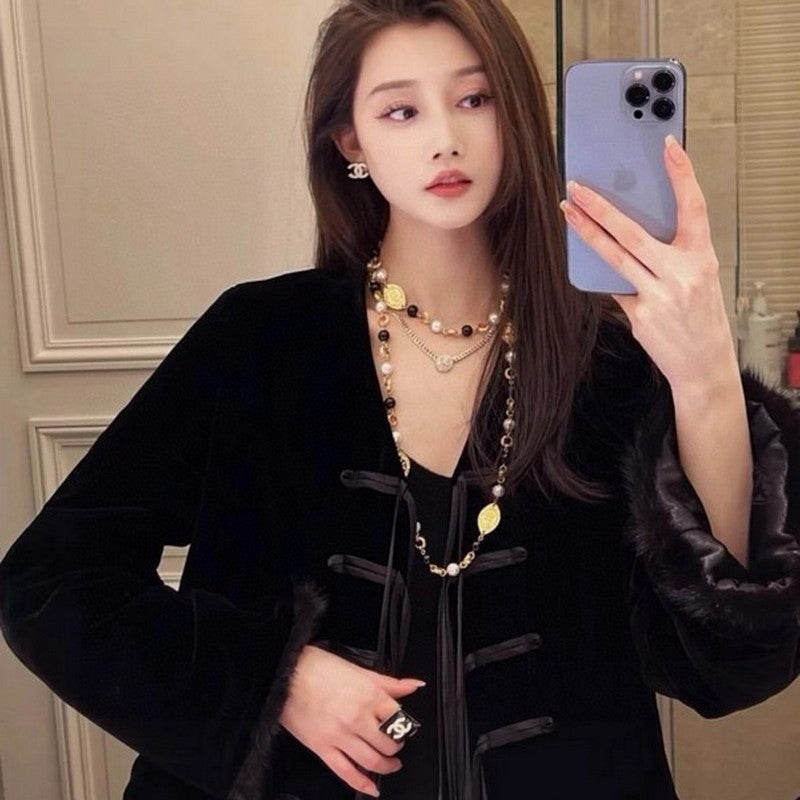 18K  Chanel Long Black & White Pearls Necklace