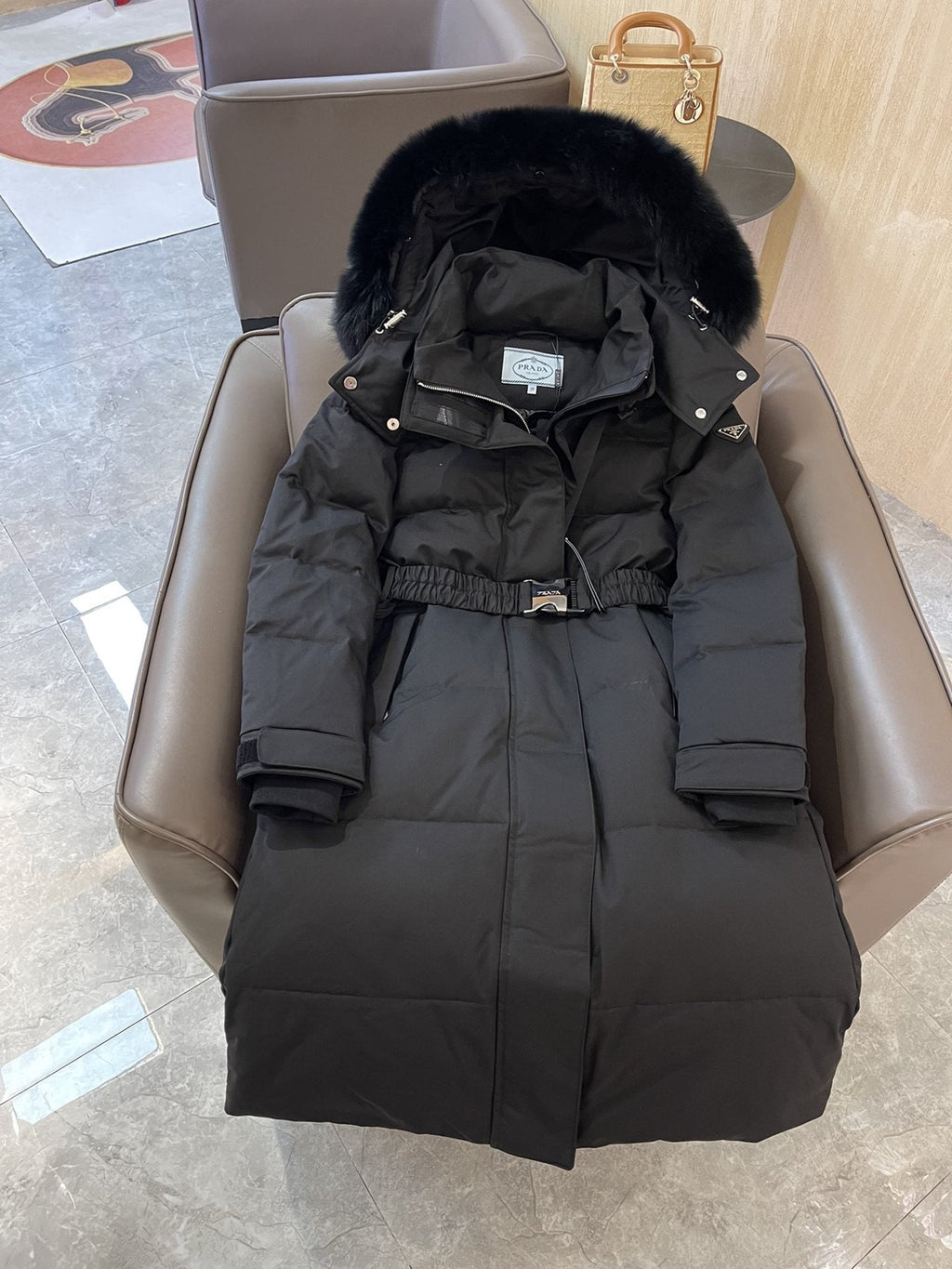 Prada Belted Fur-Trim Hood Long Down Jacket — detail